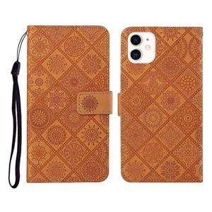 huismerk Ethnic Style Embossed Pattern Horizontal Flip Leather Case met Holder & Card Slots & Wallet & Lanyard Voor iPhone 12 Mini(Bruin)