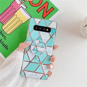 huismerk Voor Galaxy S10 plus plating kleurrijke geometrische patroon mozaïek marmer TPU mobiele telefoon geval met opvouwbare beugel (groen PF2)