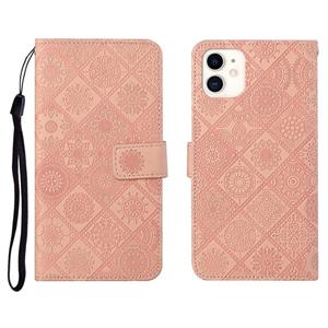 huismerk Ethnic Style Embossed Pattern Horizontal Flip Leather Case met Holder & Card Slots & Wallet & Lanyard Voor iPhone 12 Mini(Pink)