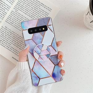 huismerk Voor Galaxy S10 plus plating kleurrijke geometrische patroon mozaïek marmer TPU mobiele telefoon geval met opvouwbare beugel (blauw PF4)