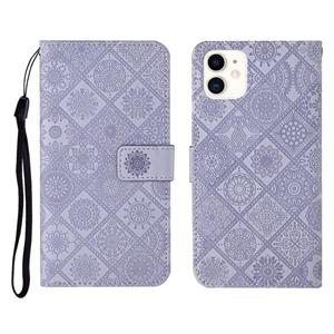 huismerk Ethnic Style Embossed Pattern Horizontal Flip Leather Case met Holder & Card Slots & Wallet & Lanyard Voor iPhone 12 Mini(Paars)