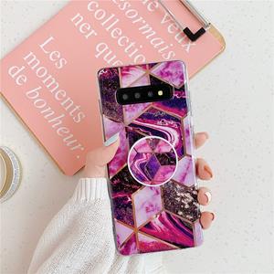 huismerk Voor Galaxy S10 plus plating kleurrijke geometrische patroon mozaïek marmer TPU mobiele telefoon geval met opvouwbare beugel (magenta PF5)