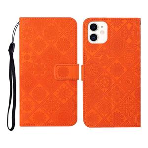 huismerk Etnische stijl reliëf patroon horizontale flip lederen geval met houder & kaart slots & portemonnee & Lanyard voor iPhone 12 Mini (Oranje)