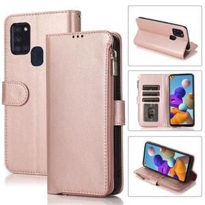 huismerk For Samsung Galaxy A21s Microfiber Zipper Horizontal Flip Leather Case(Rose Gold)