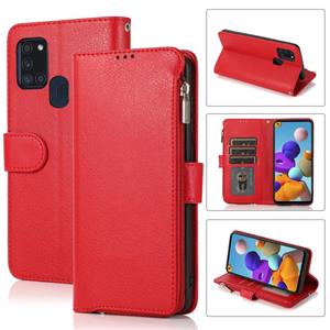 huismerk For Samsung Galaxy A21s Microfiber Zipper Horizontal Flip Leather Case(Red)