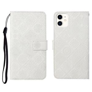 huismerk Ethnic Style Embossed Pattern Horizontal Flip Leather Case met Holder & Card Slots & Wallet & Lanyard Voor iPhone 12 Mini(Wit)