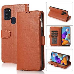 huismerk For Samsung Galaxy A21s Microfiber Zipper Horizontal Flip Leather Case(Brown)