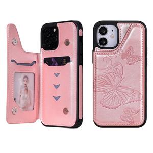 huismerk Butterfly Embossing Pattern Shockproof Protective Case met Holder & Card Slots & Photo Frame Voor iPhone 12 mini(Rose Gold)