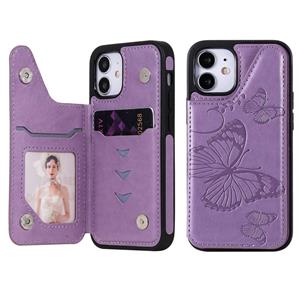 huismerk Butterfly Embossing Pattern Shockproof Protective Case met Holder & Card Slots & Photo Frame Voor iPhone 12 mini(Paars)