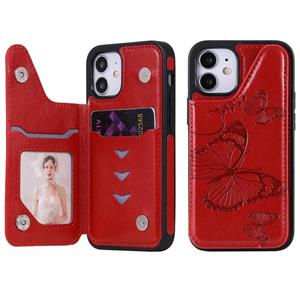 huismerk Butterfly Embossing Pattern Shockproof Protective Case met Holder & Card Slots & Photo Frame Voor iPhone 12 mini(Rood)