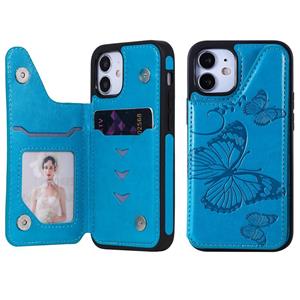 huismerk Butterfly Embossing Pattern Shockproof Protective Case met Holder & Card Slots & Photo Frame Voor iPhone 12 mini(Blauw)