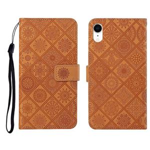 huismerk Ethnic Style Embossed Pattern Horizontal Flip Leather Case met Holder & Card Slots & Wallet & Lanyard Voor iPhone XR(Bruin)