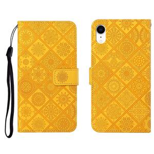 huismerk Ethnic Style Embossed Pattern Horizontal Flip Leather Case met Holder & Card Slots & Wallet & Lanyard Voor iPhone XR(Geel)