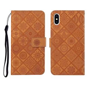 huismerk Ethnic Style Embossed Pattern Horizontal Flip Leather Case met Holder & Card Slots & Wallet & Lanyard Voor iPhone XS Max(Bruin)