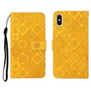 huismerk Ethnic Style Embossed Pattern Horizontal Flip Leather Case met Holder & Card Slots & Wallet & Lanyard Voor iPhone XS Max(Geel)