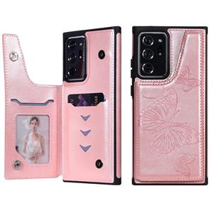 huismerk Butterfly Embossing Pattern Shockproof Protective Case met Holder & Card Slots & Photo Frame Voor Samsung Galaxy Note20 Ultra(Rose Gold)