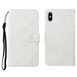 huismerk Ethnic Style Embossed Pattern Horizontal Flip Leather Case met Holder & Card Slots & Wallet & Lanyard Voor iPhone XS Max(Wit)