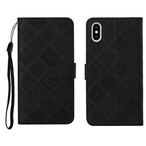 huismerk Etnische stijl reliëf patroon horizontale flip lederen geval met houder & kaart slots & portemonnee & Lanyard voor iPhone XS / X (zwart)