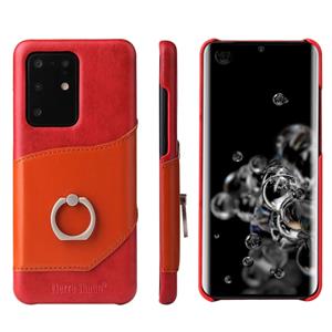 fierreshann Voor Galaxy S20 Ultra Fierre Shann Oil Wax Texture Genuine Leather Back Cover Case met 360 Graden Rotation Holder & Card Slot(Red)