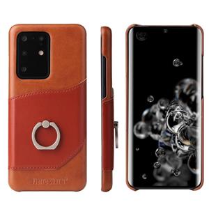 fierreshann Voor Galaxy S20 Ultra Fierre Shann Oil Wax Texture Genuine Leather Back Cover Case met 360 Graden Rotation Holder & Card Slot(Brown)