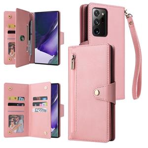 huismerk Voor Samsung Galaxy Note20 Ultra Klinknagel Gesp 9 kaarten Drie vouw lederen telefooncase (Rose Gold)