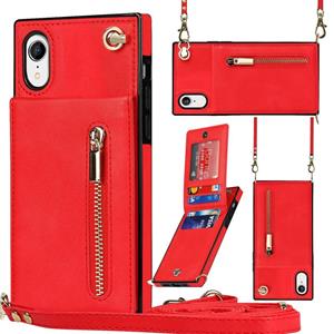 huismerk Cross-body rits vierkante TPU + PU achterkant case met houder & kaart slots & portemonnee en riem voor iPhone XR