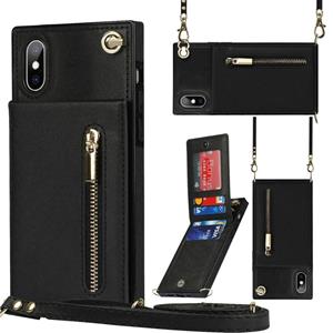 huismerk Cross-body rits vierkant TPU + PU achterkant case met houder & kaart slots & portemonnee & riem voor iPhone XS max