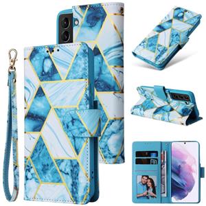 huismerk For Samsung Galaxy S22+ 5G Marble Bronzing Stitching Leather Phone Case(Blue)