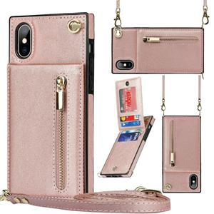 huismerk Cross-Body Rits Square TPU + PU Back Cover Case met Houder & Card Slots & Portemonnee & Strap voor iPhone XS MAX (ROSE GOUD)