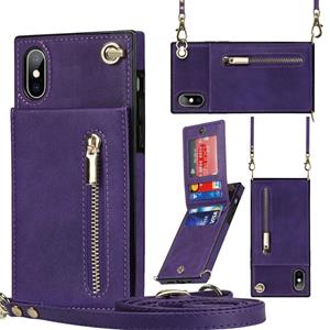 huismerk Cross-Body Rits Square TPU + PU Back Cover Case met Houder & Card Slots & Wallet & Strap voor iPhone XS MAX (PAARS)