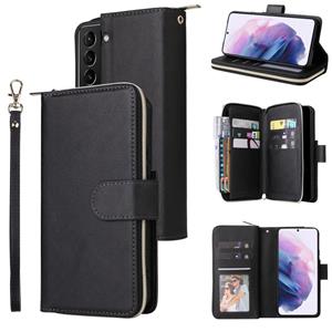 huismerk For Samsung Galaxy S22+ 5G 9 Card Slots Zipper Wallet Bag Leather Phone Case(Black)