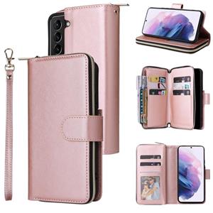 huismerk For Samsung Galaxy S22+ 5G 9 Card Slots Zipper Wallet Bag Leather Phone Case(Rose Gold)