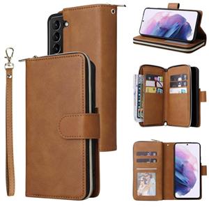 huismerk For Samsung Galaxy S22+ 5G 9 Card Slots Zipper Wallet Bag Leather Phone Case(Brown)