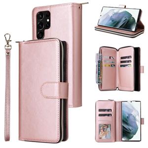 huismerk For Samsung Galaxy S22 Ultra 5G 9 Card Slots Zipper Wallet Bag Leather Phone Case(Rose Gold)