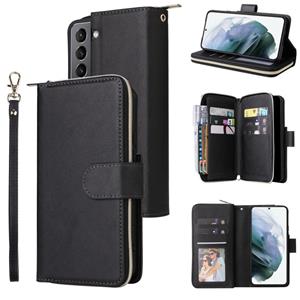 huismerk For Samsung Galaxy S22 5G 9 Card Slots Zipper Wallet Bag Leather Phone Case(Black)