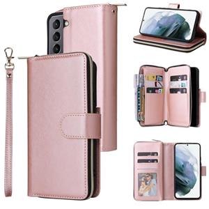 huismerk For Samsung Galaxy S22 5G 9 Card Slots Zipper Wallet Bag Leather Phone Case(Rose Gold)