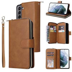 huismerk For Samsung Galaxy S22 5G 9 Card Slots Zipper Wallet Bag Leather Phone Case(Brown)