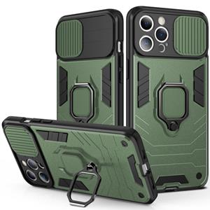 huismerk Schuifcamera Cover Design TPU + PC Shockproof Case met Ringhouder voor iPhone 13 (Dark Green)