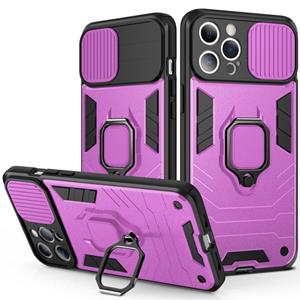 huismerk Schuifcamera Cover Ontwerp TPU + PC Shockproof Case met ringhouder voor iPhone 13 (Paars)