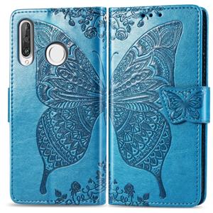 Huismerk Butterfly Love bloemen reliëf horizontale Flip lederen case voor Huawei P30 Lite/Nova 4e met houder & kaartsleuven & portemonnee & Lanyard (blauw)