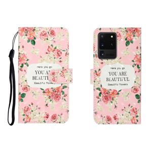 huismerk Voor Galaxy S20 Ultra 3D-gekleurde tekenhorizontale flip lederen behuizing met Houder & Card Slot & Wallet(Rose Flower)