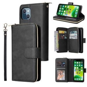 huismerk 9 Card Slots Zipper Wallet Bag Leather Phone Case For iPhone 13 mini(Black)