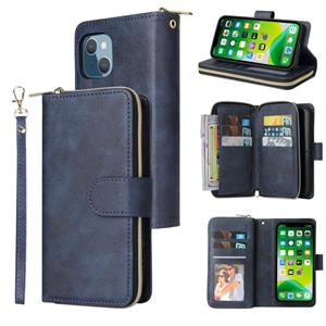 huismerk 9 Card Slots Zipper Wallet Bag Leather Phone Case For iPhone 13 mini(Blue)