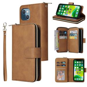 huismerk 9 Card Slots Zipper Wallet Bag Leather Phone Case For iPhone 13 mini(Brown)