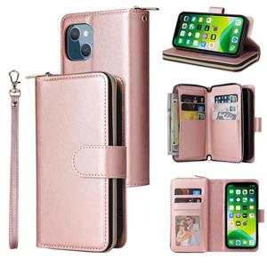 huismerk 9 Card Slots Zipper Wallet Bag Leather Phone Case For iPhone 13(Rose Gold)