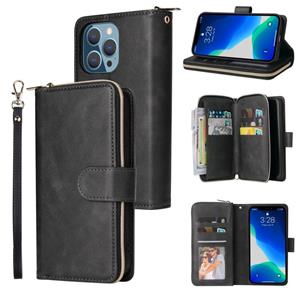 huismerk 9 Card Slots Zipper Wallet Bag Leather Phone Case For iPhone 13 Pro(Black)