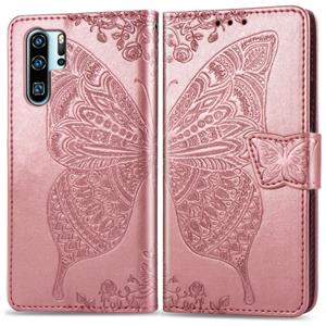 Huismerk Butterfly Love bloemen reliëf horizontale Flip lederen case voor Huawei P30 Pro met houder & kaartsleuven & portemonnee & Lanyard (Rose goud)