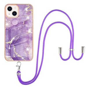 huismerk Electroplating Marmeren Patroon IMD TPU Schokbestendig Case met Neck Lanyard voor iPhone 13 Mini (Purple 002)