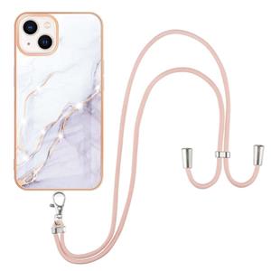 huismerk Galvaniseren Marmeren Patroon IMD TPU Schokbestendig Case met Neck Lanyard voor iPhone 13 Mini (White 006)