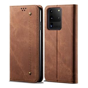 huismerk Voor Galaxy S20 Ultra Denim Texture Casual Style Horizontal Flip Leather Case met Holder & Card Slots & Wallet(Brown)